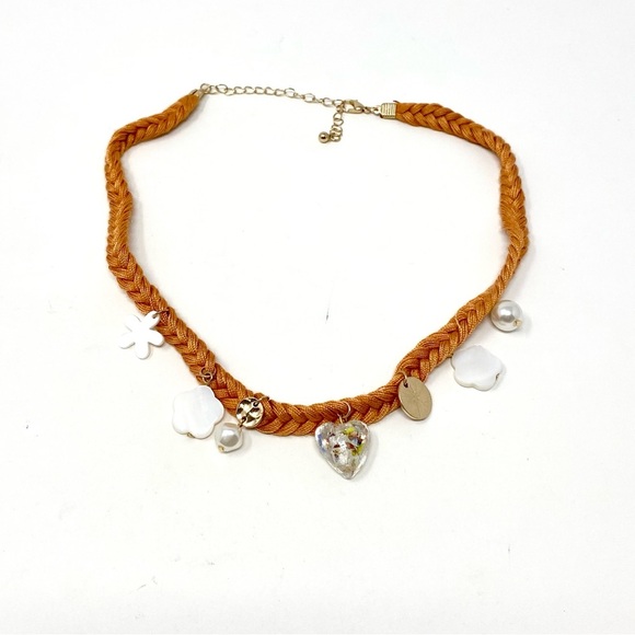 New Free People Orange Textile Charm Beaded Necklace Choker - Picture 4 of 5